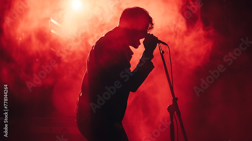 Rock musician singer holding a microphone standing on stage singing. Red smoke clouds. Dynamic emotional image