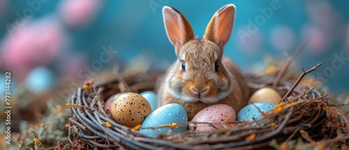a close up of a bunny in a nest with easter eggs on a blue background with pink and yellow speckles. © Mikus