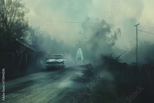 Foggy city street with cars with a ghost appear 