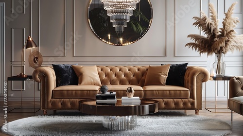A glamorous retro living room with a velvet sofa, a mirrored coffee table, and a vintage-inspired chandelier casting a warm glow over the space