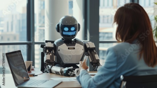 The Collaboration of Tomorrow - A human and a humanoid robot are immersed in a collaboration at a modern office desk, showcasing a seamless blend of technology and human interaction. photo