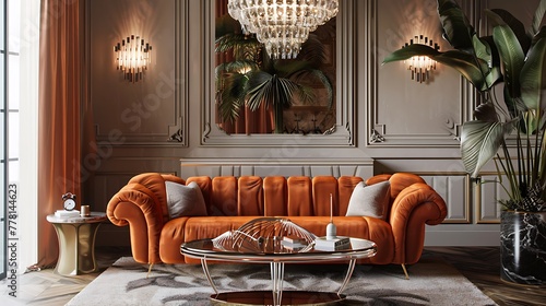 A glamorous retro living room with a velvet sofa, a mirrored coffee table, and a vintage-inspired chandelier casting a warm glow over the space photo