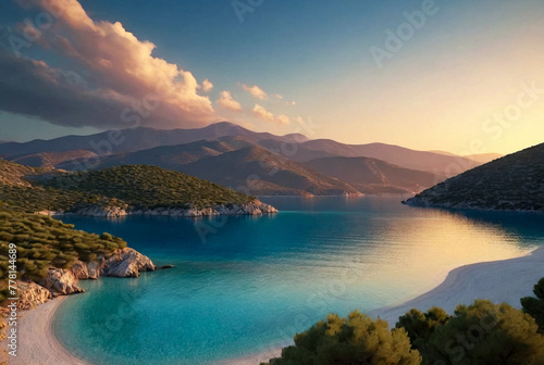 Sunset in laguna of azure Aegean Sea with lush mountains, fluffy clouds, yacht, summer weather. Nature landscape in East Turkey. Concept of vacation, recreation and travel