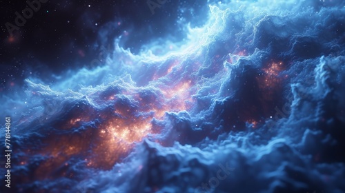 an image of a space scene with clouds and a bright star in the middle of the picture and a blue sky with stars in the middle of the image.