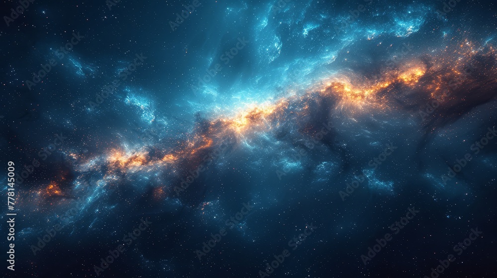 Obraz premium a computer generated image of a spiral of stars in the night sky with a bright orange and blue light coming from the center of the center of the image.