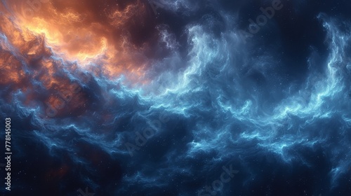 a computer generated image of a sky with clouds and a star in the center of the sky and a bright orange and blue cloud in the middle of the sky.