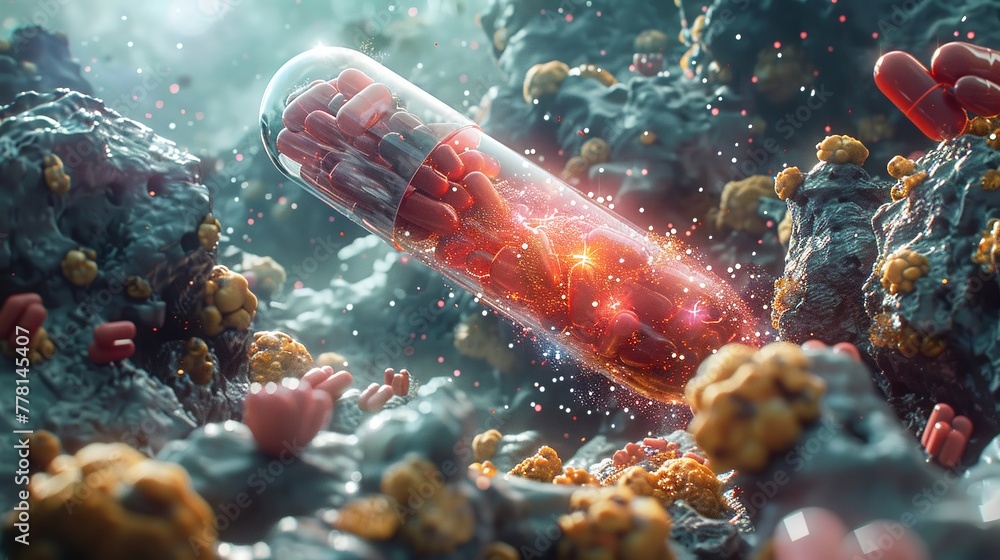 A sci-fi themed depiction of a probiotic capsule landing in a stylized gut environment - obrazy, fototapety, plakaty 