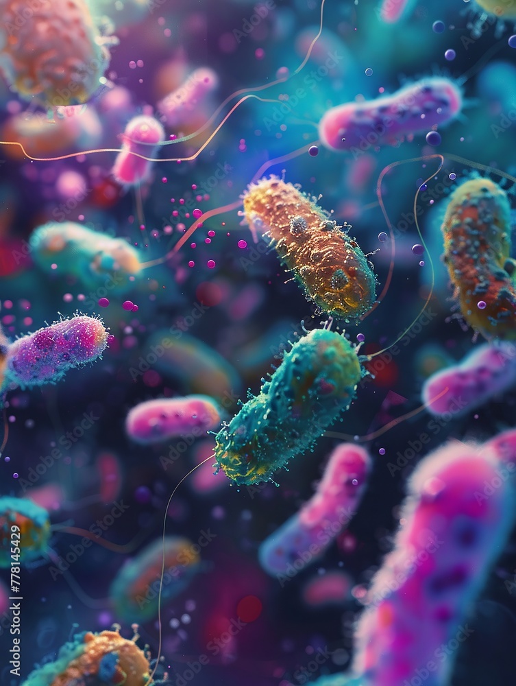 A serene space-like background with floating probiotics and gut bacteria A serene space-like background with floating probiotics and gut bacteria