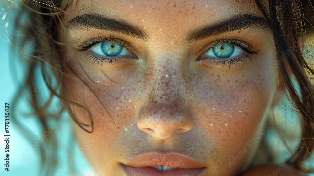 a close up of a woman's face with freckled hair and freckled freckled eyes.