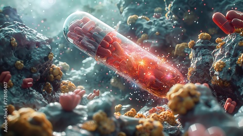 A sci-fi themed depiction of a probiotic capsule landing in a stylized gut environment photo
