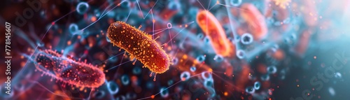 High-resolution image of gut bacteria and probiotics interacting with digital data points and graphs overlaying photo