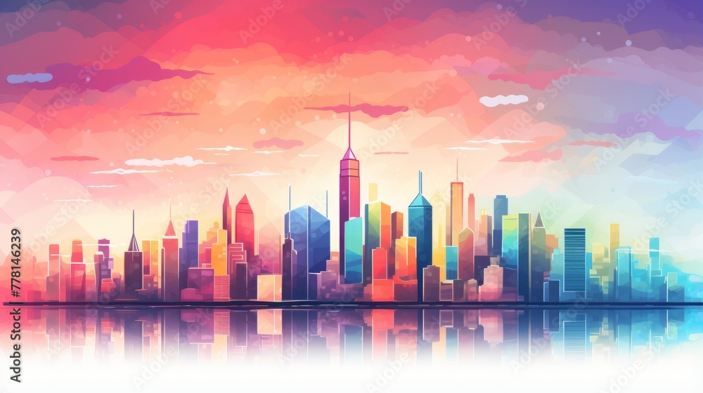 A radiant cityscape with colorful skyscrapers
