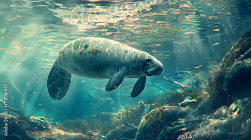A serene manatee gliding gracefully through crystal-clear waters, surrounded by vibrant marine life, with a soft-focus background adding depth and tranquility