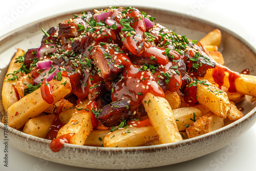 portion of french fries in a silver bowl on top of a table with black fabric