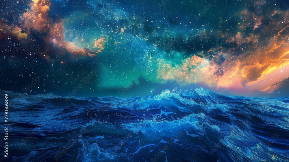 Digital artwork showcasing the dynamic beauty of ocean waves set beneath a captivating, star-rich cosmic sky.