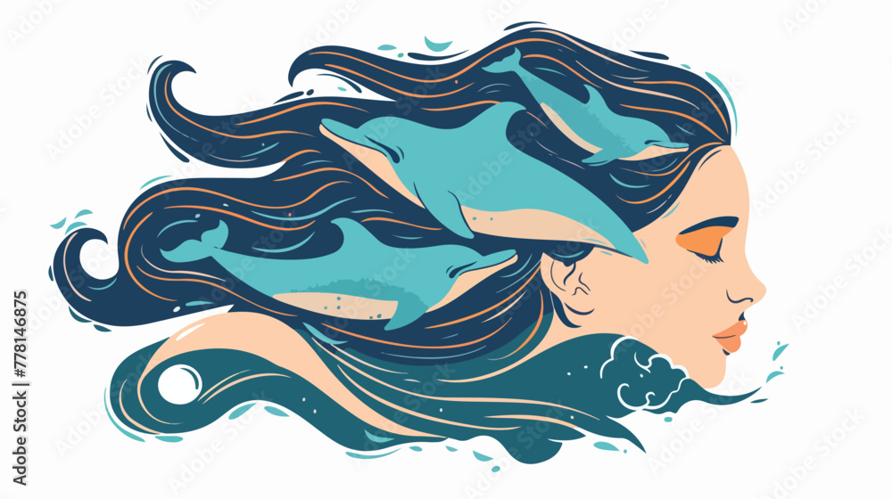Sleeping girl with rivershaped hair. Dolphins swim i