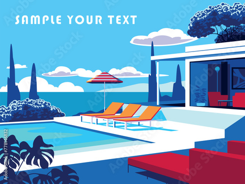 Horizontal landscape with swimming pool, umbrella, sunbeds and mid-century house in the first plan and cypress trees and ocean in the background. Handmade drawing vector illustration. Pop Art style. © alaver