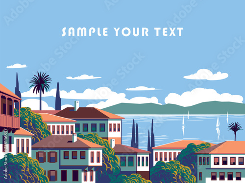 Mediterranean landscape with little old town in the first plan, sea, island and yachts in the background. Handmade drawing vector illustration. Can be used for posters, banners, postcards, books etc. © alaver