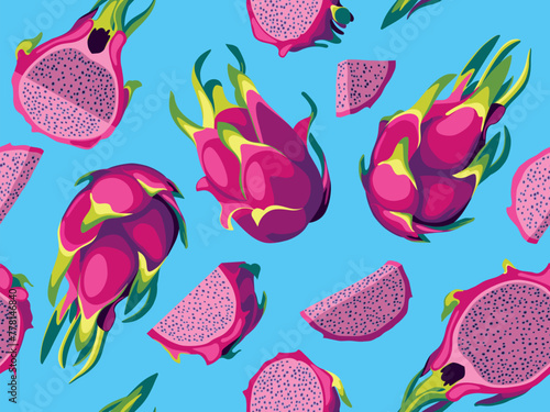 Hand drawn seamless pattern with bright dragon fruits whole, cut into slice and in half. Vector illustration, retro 1970s style.