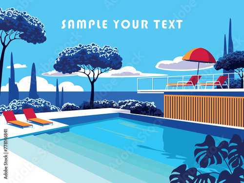 Horizontal landscape with swimming pool, sunbeds and mid-century house in the first plan and cypress trees and ocean in the background. Handmade drawing vector illustration. Pop Art style.