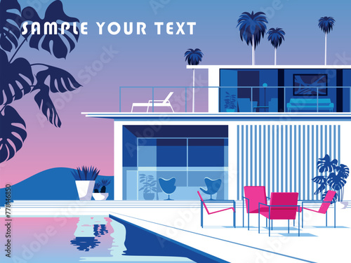 Horizontal landscape with swimming pool, chairs and mid-century house in the first plan, palms and mountains in the background. Handmade drawing vector illustration. Pop Art style. © alaver