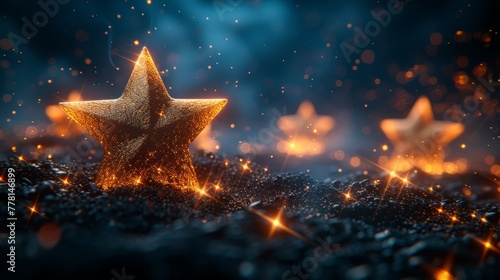 a close up of a gold star on a black surface with a blurry background and stars in the foreground.