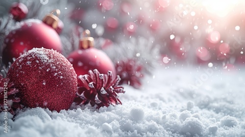 a group of red christmas ornaments sitting on top of a snow covered ground with a bright light in the background.