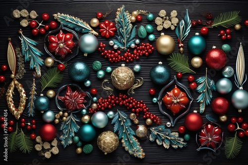 Artistically arranged christmas ornaments in a festive composition