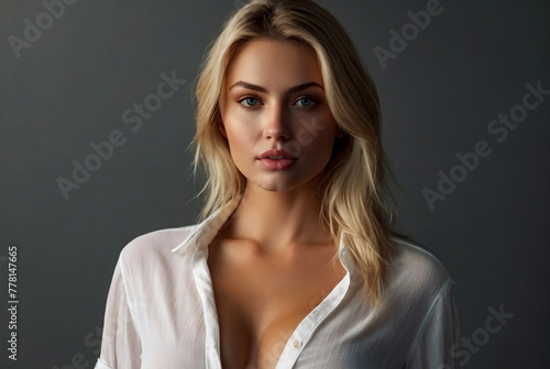 Sensual portrait of big breasted blonde female in an unbuttoned white shirt on white background. Pretty young woman an casual clothes posing and looking at camera and show emotion. Copy space