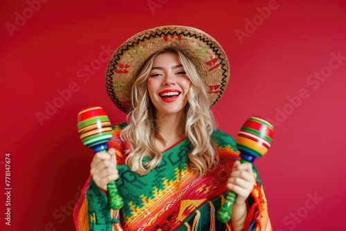 a blonde hair female with a goofy look, gripping maracas, wearing a poncho and hat infront of solid red background photo