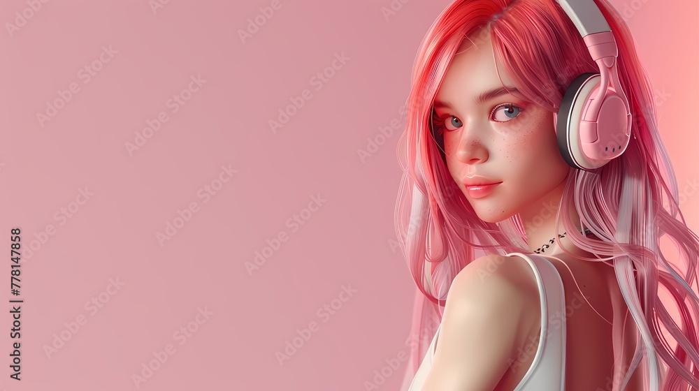 3D rendering, a beautiful girl is looking aside, a beautiful smile, pink hair, headphone on the head, white dress, stock photography