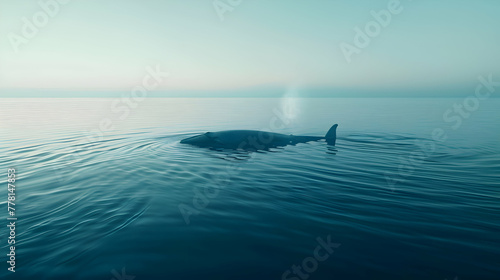 A solitary blue whale breaches the surface of the calm sea  its massive body partially submerged  with a blurred horizon stretching to the distant horizon  providing ample room for text