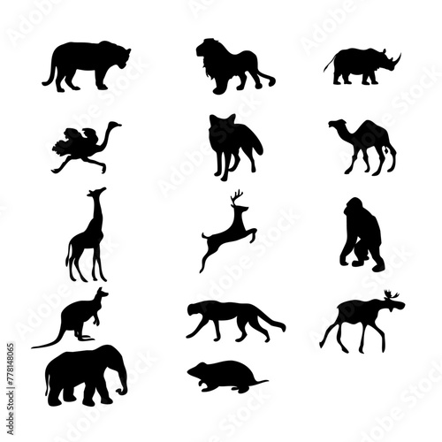 Wild animals black silhouettes are set with lion elephant swan squirrel and camel vectors.