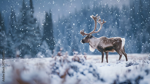 A solitary caribou standing proudly amidst a snowy landscape, with snowflakes gently falling