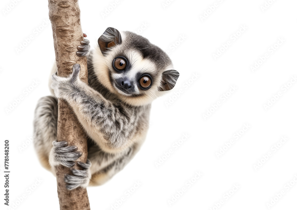 Obraz premium Cute slow loris on a tree branch, isolated transparent background