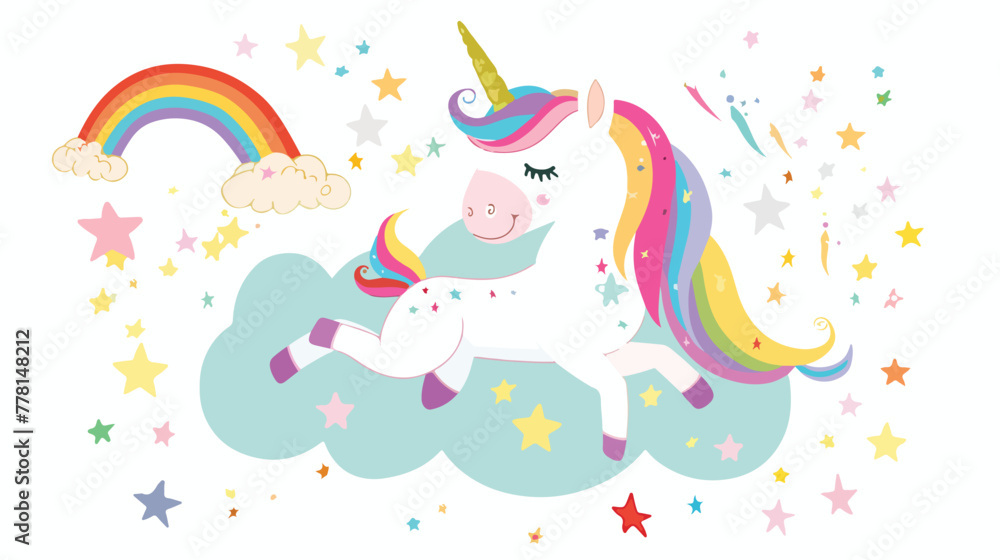 Sweet little unicorn on cloud with rainbows and shoot