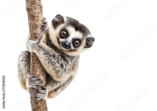 Cute slow loris on a tree branch, isolated transparent background photo