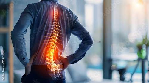 Illustration of a person with inflammation in the spine and sciatic nerve, discomfort inflammation sciatica therapy rehabilitation photo