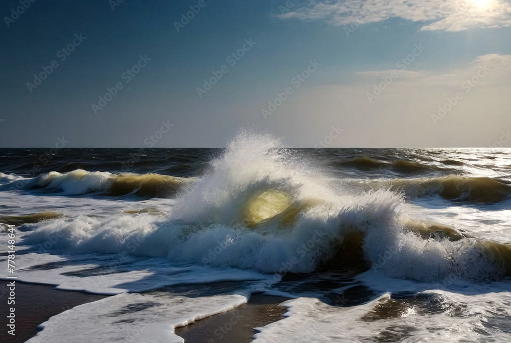 Atmospheric scenery Dramatic Baltic sea, waves and water splashes on breakwaters. Nature north cloudscape on coast ocean. Environment with fickle weather, climate change. Stormy, abstract backgrounds