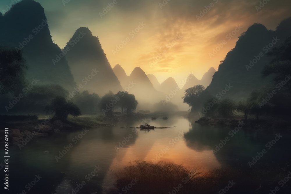 Serene landscape of steep mountains and winding rivers shrouded in mist in the early morning. Generative AI. Serene landscape of steep mountains and winding rivers shrouded in mist in the early morning. Generative AI.