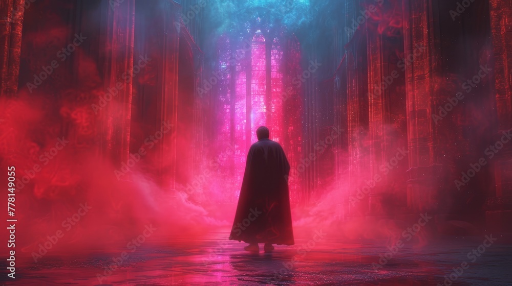 a man standing in the middle of a room with red and blue smoke coming out of the walls and floor. a man standing in the middle of a room with red and blue smoke coming out of the walls and floor.