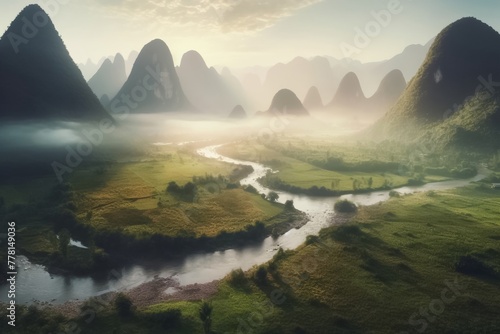 Serene landscape of steep mountains and winding rivers shrouded in mist in the early morning. Generative AI.