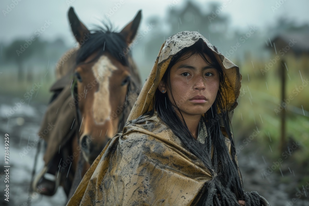 Fototapeta premium A young girl in a muddy raincoat stands steadfast beside a horse, braving a downpour with a solemn expression