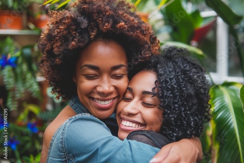 Affectionate Embrace Between Happy African American Friends Outdoors Surrounded by Greenery