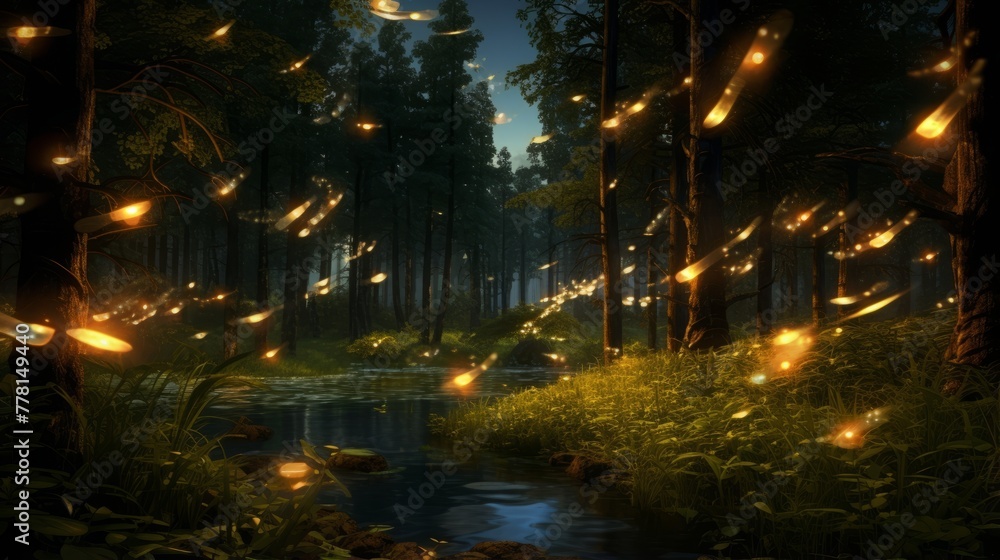 Fototapeta premium Glowing fireflies in a tranquil forest clearing