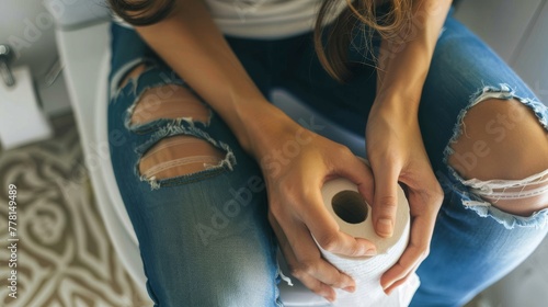 Woman holding a roll of toilet paper and sitting on the toilet in the restroom. 