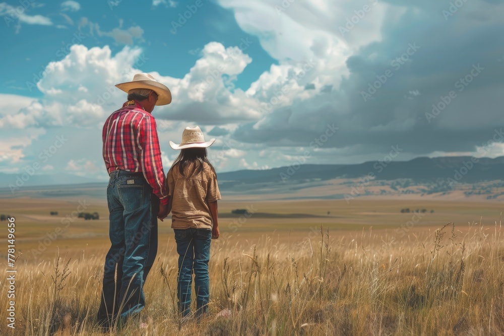 Native American rancher and child enjoying a peaceful moment in a prairie