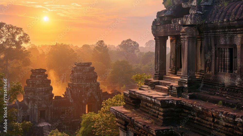 Obraz premium Ruins of an ancient Hindu temple at sunset.