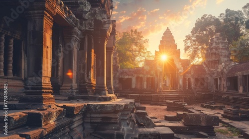 Ruins of an ancient Hindu temple at sunset. © AIExplosion