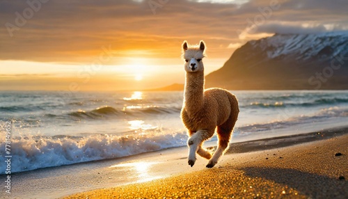 Adorable alpaca frolicking along the seaside at sunset photo